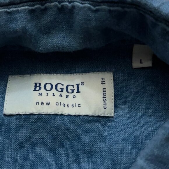 Boggi Milano Shirt Mens Size L Long Sleeve Button 100% Linen Custom Fit Blue - Picture 4 of 6